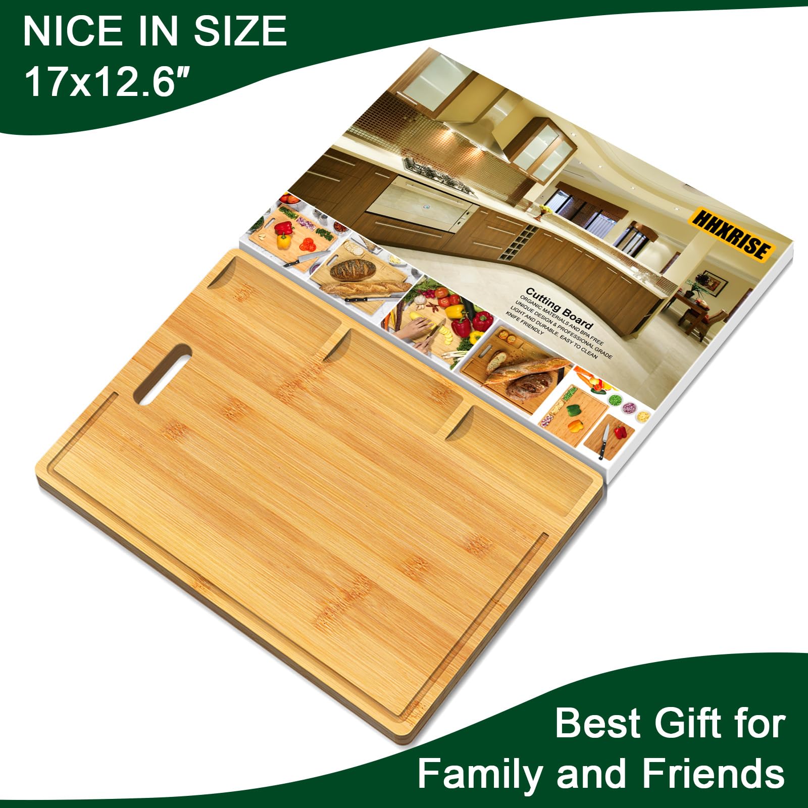 Cutting Boards,Large Bamboo Chopping Board, Built-In 3 Compartments And Juice Grooves, Charcuterie Board for Kitchen Counter Meat (Butcher Block) - WoodArtSupply