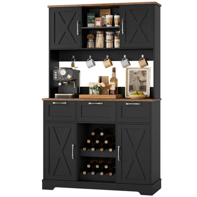 HIFIT 72" Large Kitchen Pantry Storage Cabinet with Barn Doors & Shelves, Farmhouse Tall Kitchen Hutch Wood Bar Cabinet w/3 Drawers, Microwave Stand, Cupboard Wine Rack for Dining Room, Pantry, Black
