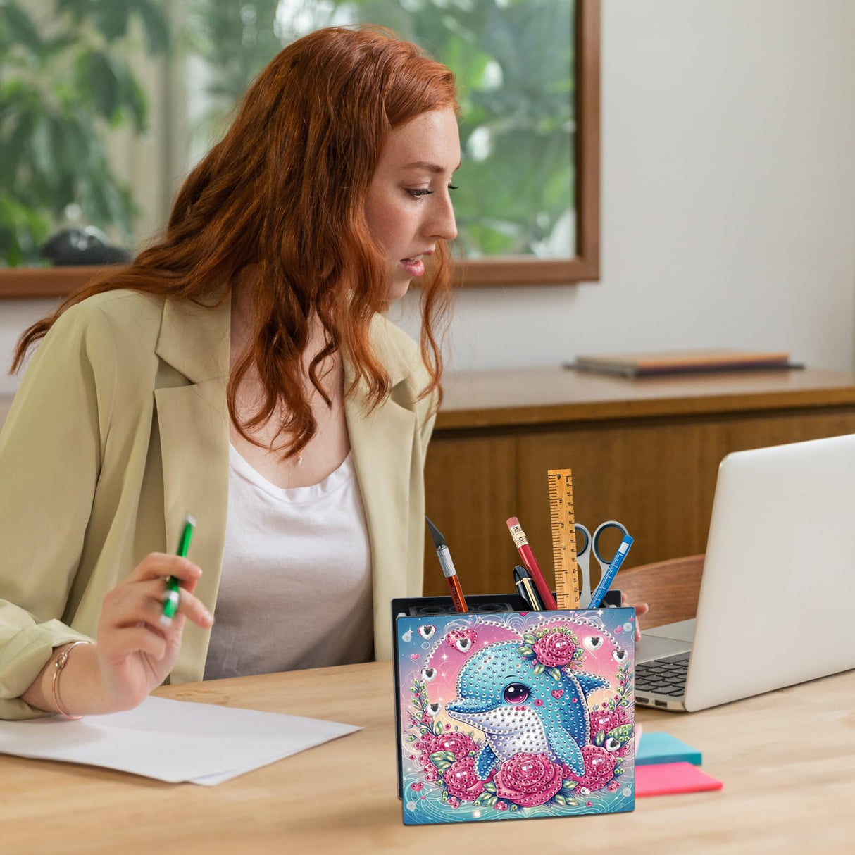 Tontut DIY Diamond Painting Kit，Rose Dolphin Special Shape diamond painting pen holder, Acrylic Daily Office Desktop Decoration Storage Item Tontut