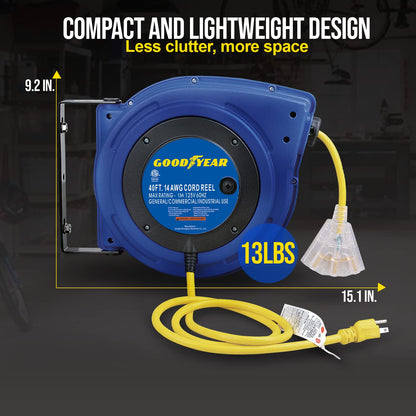 GOODYEAR Extension Cord Reel Extra Long 40 ft 14AWG 3C SJTOW, Triple Tap Connector, Heavy Duty, Slow Retraction Stop At Any Point - WoodArtSupply