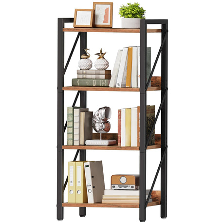 HOOBRO Bookshelf, 4-Tier Industrial Bookcase, Book Shelf Storage Organizer, Small Bookshelf with Metal Frame for Living Room, Bedroom, Home Office, Kitchen, Rustic Brown and Black BF40SJ01 HOOBRO