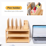 Homde Bamboo Desk Organizer with File Holder, Office Organization for Desks with Adjustable Pen Holding, Desktop Letter Paper Tray Storage for Workplace Home School (3-Tier,Natural) Homde