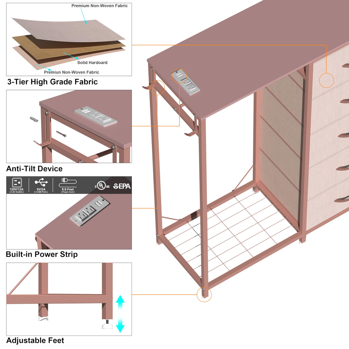 Espelism Dresser for Bedroom with Clothes Rack 5 Drawer Dresser with Charging Station LED Lights White Chest of Drawers Flexible Shelf and Open Storage Space for Bedroom Living Room (Pink) Espelism