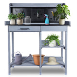Outdoor Potting Bench Table,Garden Work Bench Metal Tabletop Horticulture with Shelf Rack Wooden Potting Benches for Outside with Holey Board/Hooks/Pads/Drawer/Adjustable and Cabinet,Gray Agitree