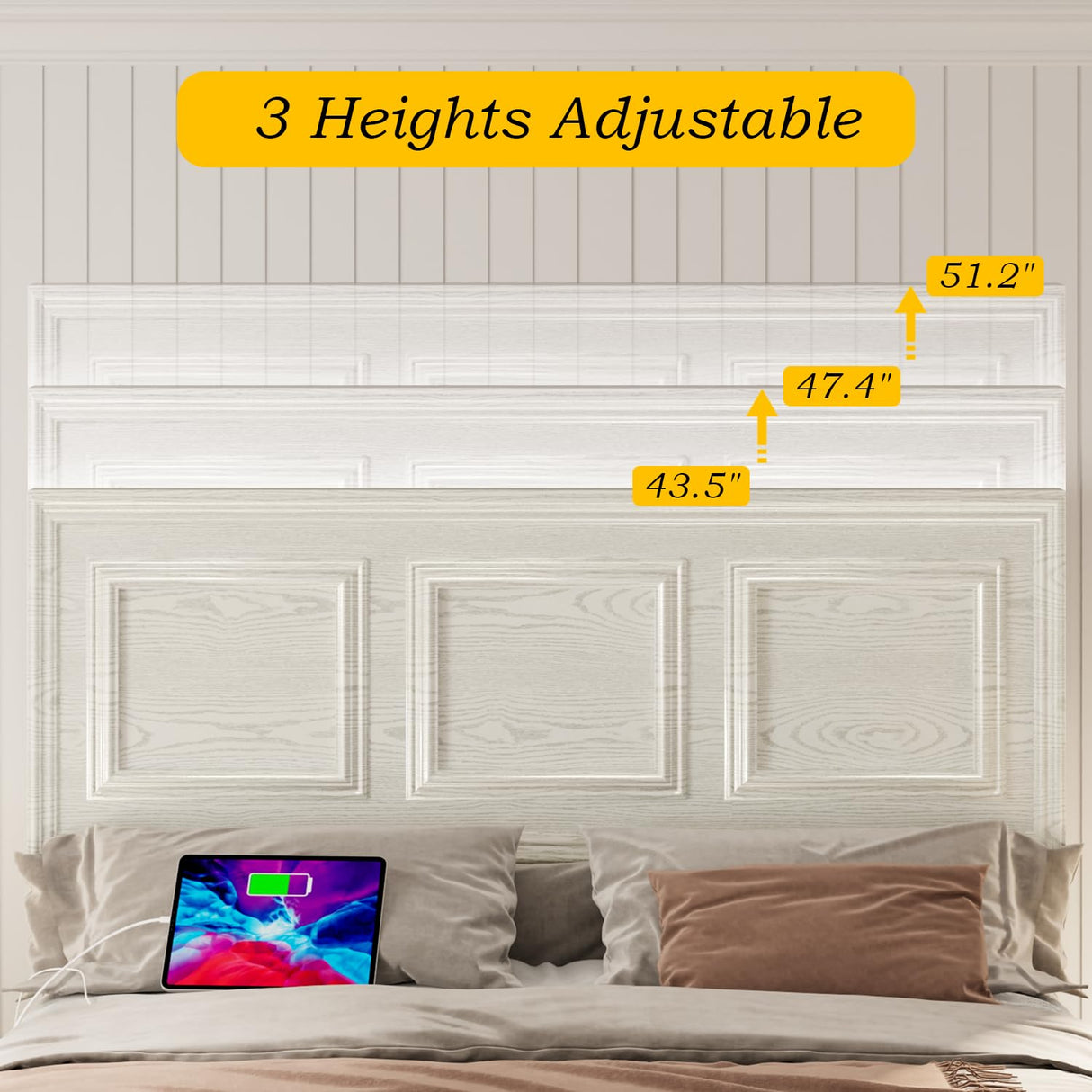 Incyneva Farmhouse Platform Full Bed Frame Wood with Adjustable Headboard, LED Light and Charging Station, No Box Spring Needed, Noise Free, Geometric Design & Antique White Incyneva