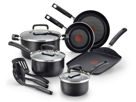 T-fal Signature Nonstick Cookware Set 12 Piece, Oven Broiler Safe 350F, Pots and Pans, Kitchen Cooking Set w/ Fry Pans, Saucepans, Saute Pan, Dutch Oven, Griddle, Kitchen, Home, Dishwasher Safe, Black T-fal