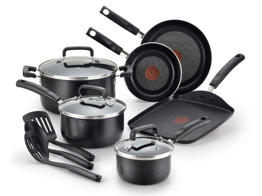 T-fal Signature Nonstick Cookware Set 12 Piece, Oven Broiler Safe 350F, Pots and Pans, Kitchen Cooking Set w/ Fry Pans, Saucepans, Saute Pan, Dutch Oven, Griddle, Kitchen, Home, Dishwasher Safe, Black