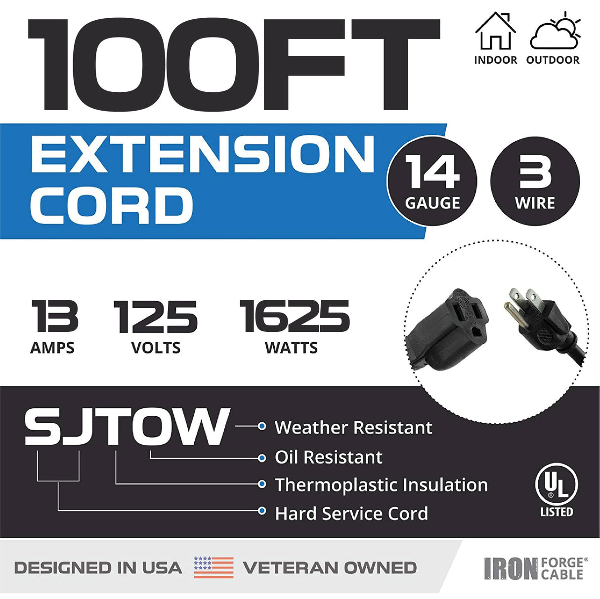IRON FORGE CABLE Outdoor Extension Cord 100 ft - 14 Gauge 13 Amp Heavy Duty Power Extension Cords - SJTOW - Oil Resistant - Black -Great for Major Appliances, Farms & Ranches IRON FORGE CABLE