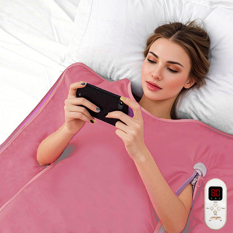 JKIUI Large Screen Display Remote Control Far Infrared Sauna Blanket Detox Sauna Bed Remove Control Easy Operate Upgrade Infrared Blanket Sauna Blanket Liners 110V US Plug Pink JKIUI