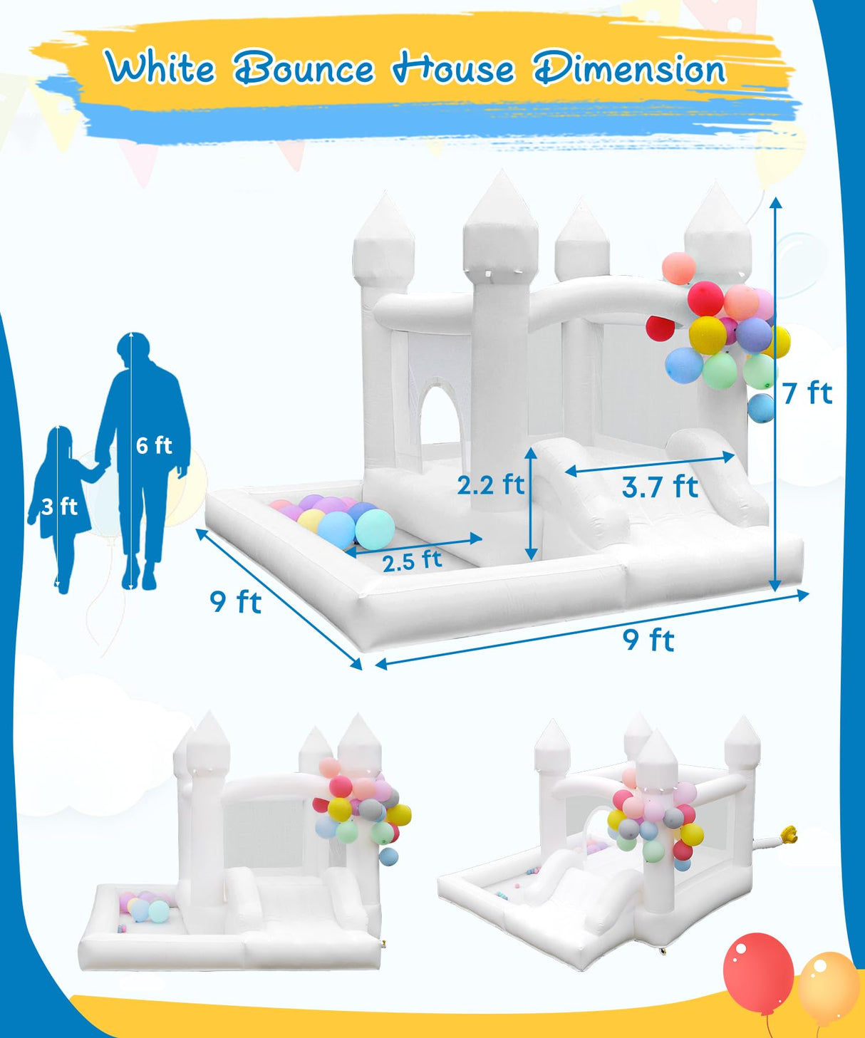 NBSPORT White Bounce House with Blower Included, 9x9x7FT Inflatable Bounce House Castle with Ball Pit and Slide,Small Jumper Bouncy Castle, Fun for Kids Birthday Party NBSPORT