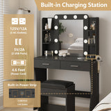 Vanity Desk with Lights,Makeup Vanity with Power Strip,Dressing Table Set with 2 Large Drawers,Vanity Mirror 3 Lighting Color Adjustable,Black Vabches