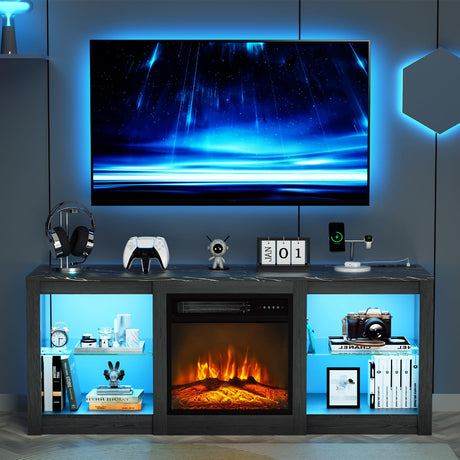 BREEZEHEAT 58 inch TV Stand with 18" Fireplace Inserts-Led Entertainment Center for TVs Up to 65"-TV Console for Living Room with Glass Shelves, LED Lights and Power Outlets (Black) BREEZEHEAT