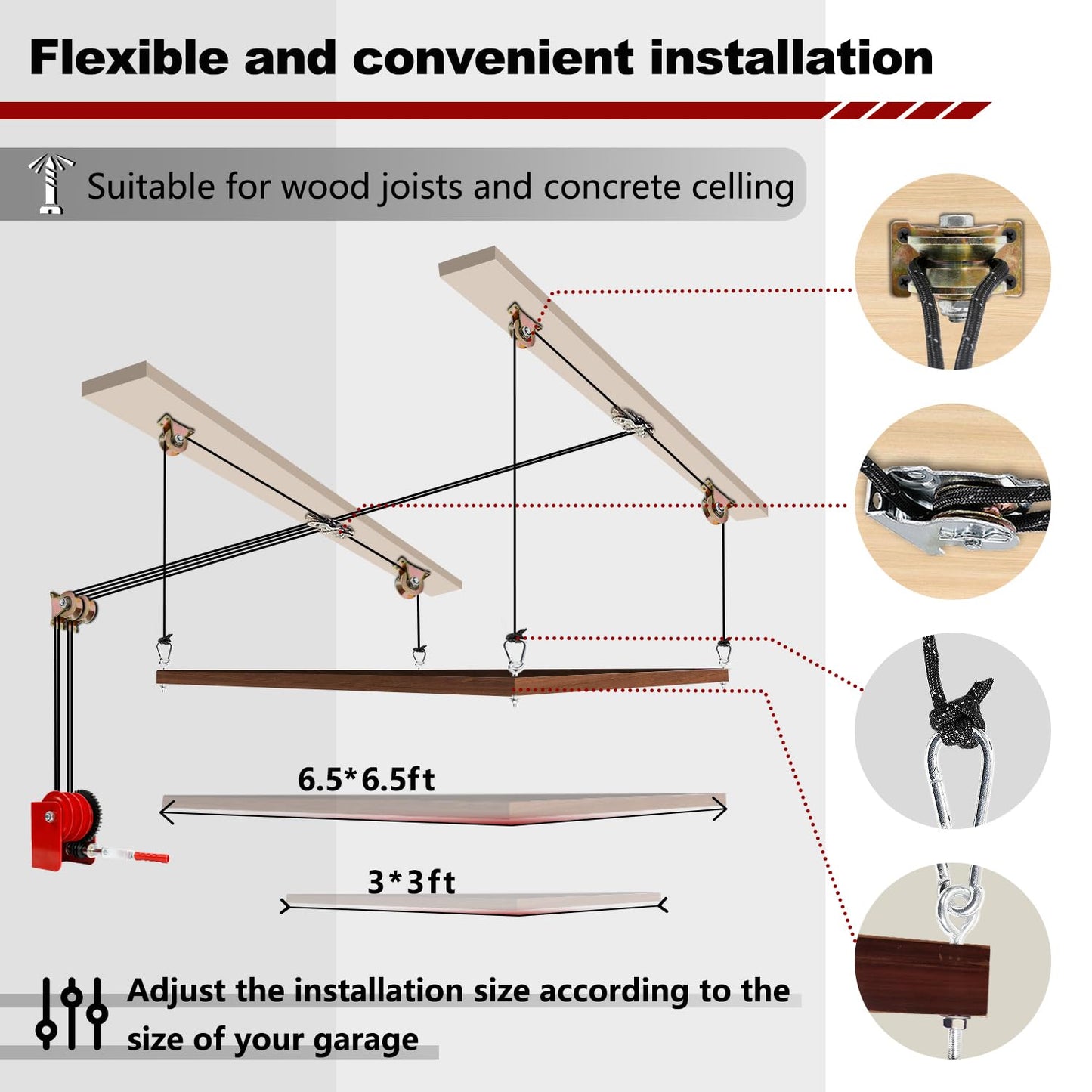 Overhead Garage Storage Lift Hoist, Heavy-duty Ceiling Mounted Garage Storage Lift System for Organization - Supports 8-16ft Ceilings, 300lbs Weight, Easy Installation & Operation (Deck Not Includ)