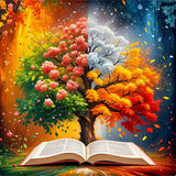 PINFFSHU 5D Diamond Painting Kit for Adults Tree of Life with Magic Seasons & Sacred Book Full Drill Art, DIY Sparkling Gem Dots Spiritual Wall Decor 13.78x13.78 Inches Gift for Spiritual Art Lovers PINFFSHU