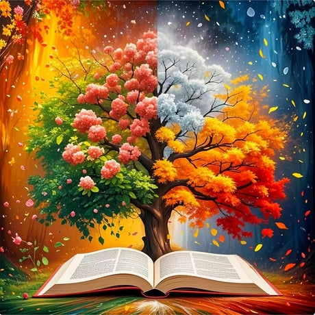 PINFFSHU 5D Diamond Painting Kit for Adults Tree of Life with Magic Seasons & Sacred Book Full Drill Art, DIY Sparkling Gem Dots Spiritual Wall Decor 13.78x13.78 Inches Gift for Spiritual Art Lovers PINFFSHU