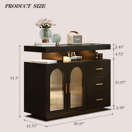 HWB Black RGB LED Coffee Bar Cabinet with Large Storage & Charging Station for Kitchen and Dining Room HWB