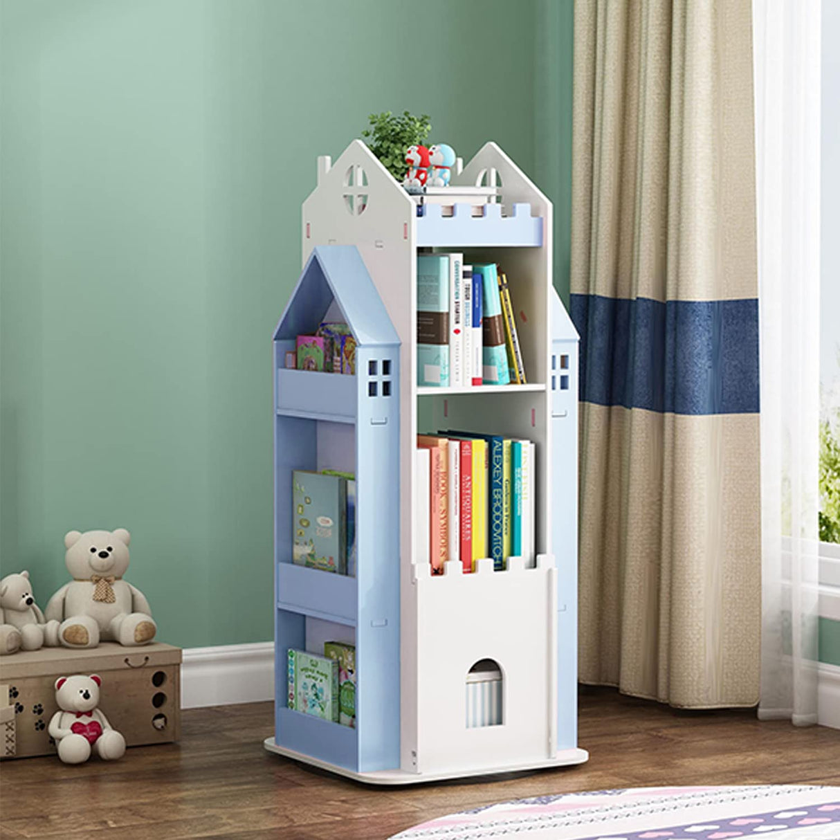 MYOYAY 360° Rotating Children's Bookshelf - 3 Tier Swivel Bookcase in Blue, Ideal for Kids' Bedroom Storage MYOYAY