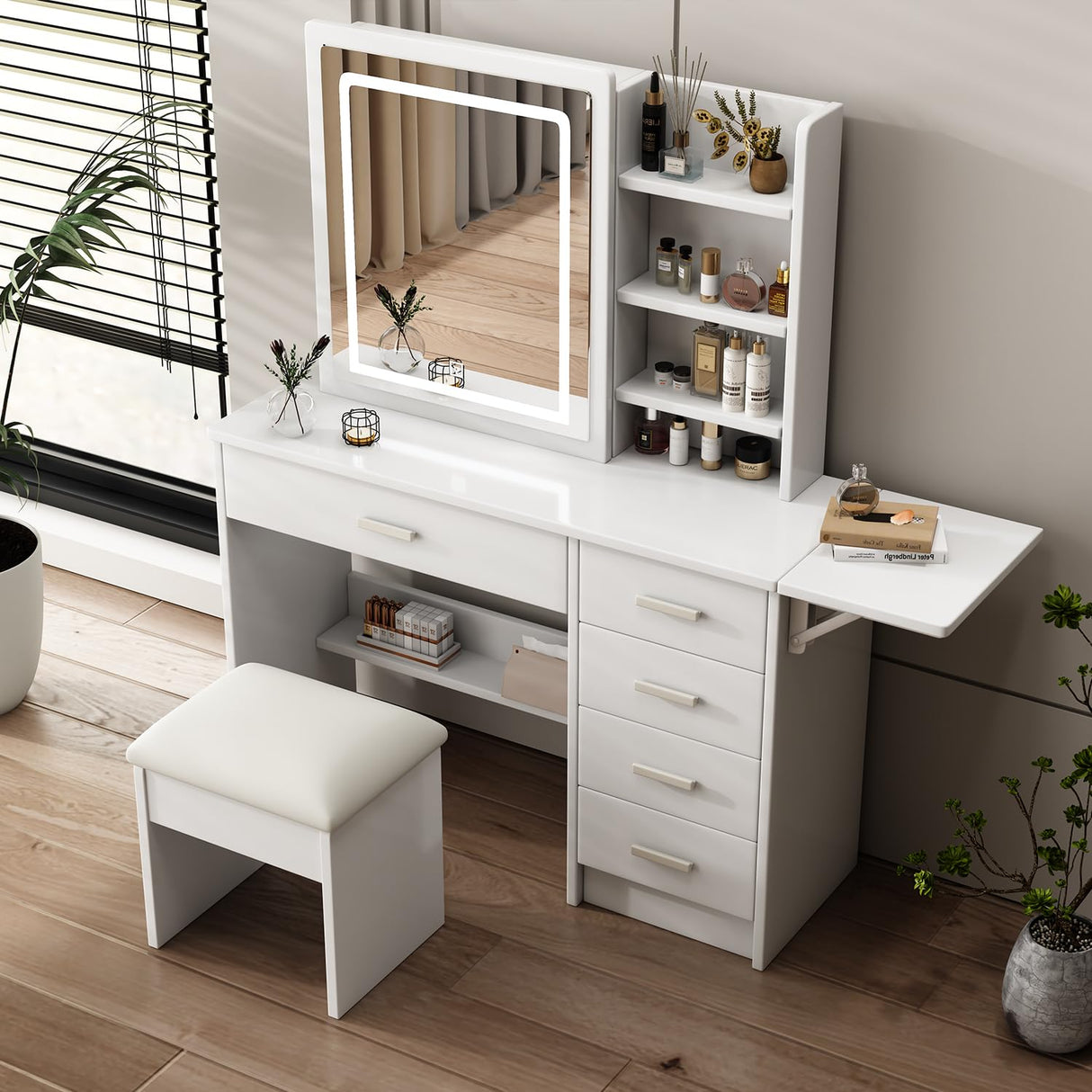 Leavader White Vanity Desk Set - 43.3" Large Vanity Table with Sliding Lighted Mirror in 3 Colors & 5 Drawers & Retractable Rack, Dressing Table Makeup Desk with Stool Set Leavader