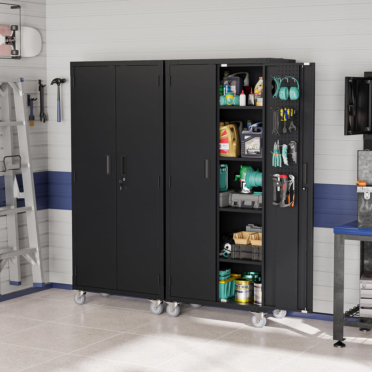 VINGLI 72'' Tall Garage Storage Cabinet, Metal Storage Cabinet with Pegboards, Wheels, Locking Doors and Adjustable Shelves (Black, 32''W x 16''D x 72''H) VINGLI