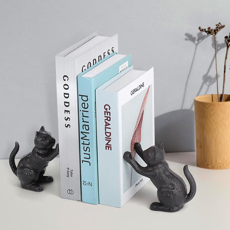 Cat Decorative Bookends, Cute Book Ends to Hold Books, Bookends for Shelves, Unique Cast Iron Book Stopper for Heavy Books, Cat Office Decor, 1 Pair/2 PCS JOUTYFOR