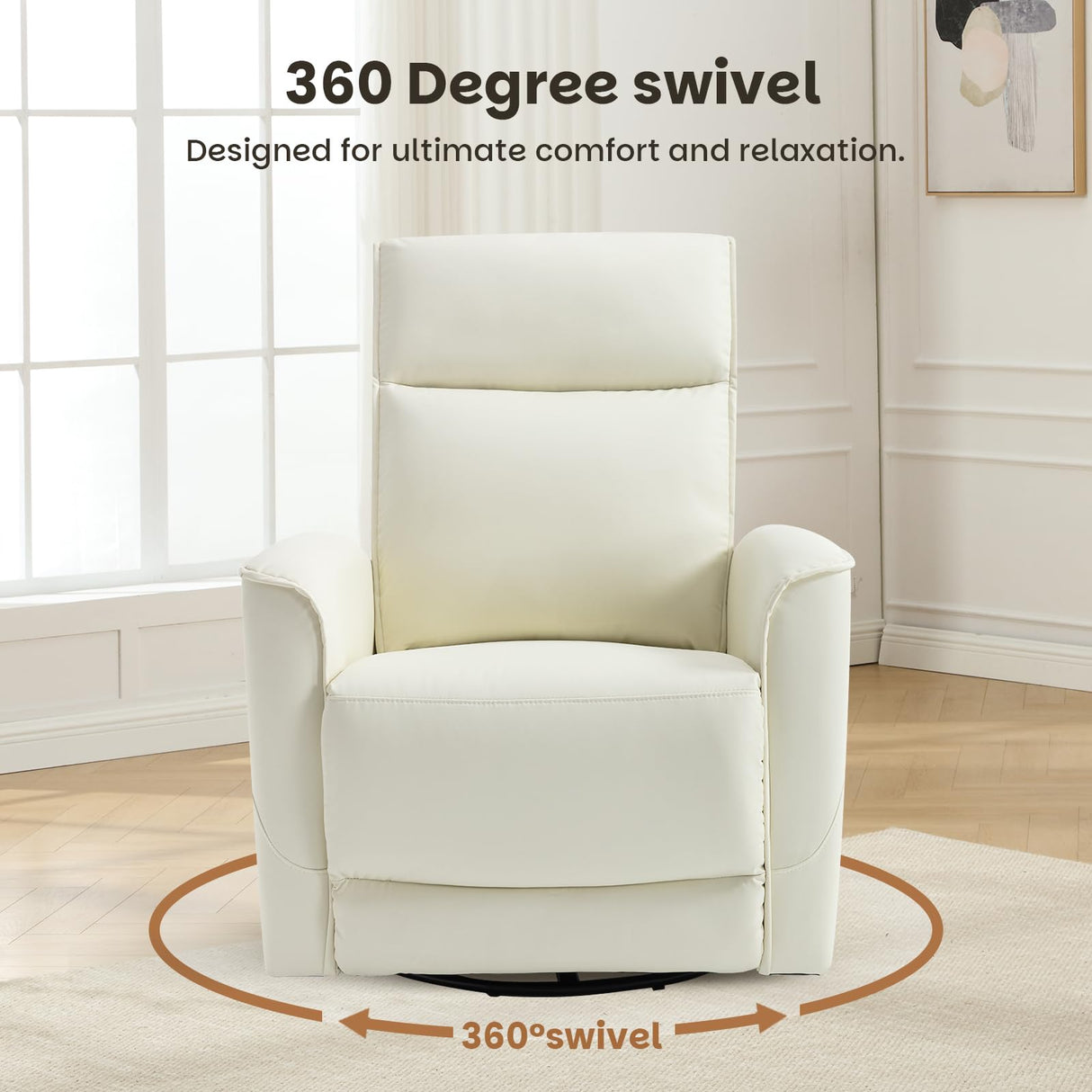 CANMOV Rocker Recliner Chair,360°Swivel Nursery Glider Recliner,Manual Recliner Sofa with Padded Armrest and Backrest,Leather Recliner for Small Spaces,Living Room,Bedroom,White CANMOV