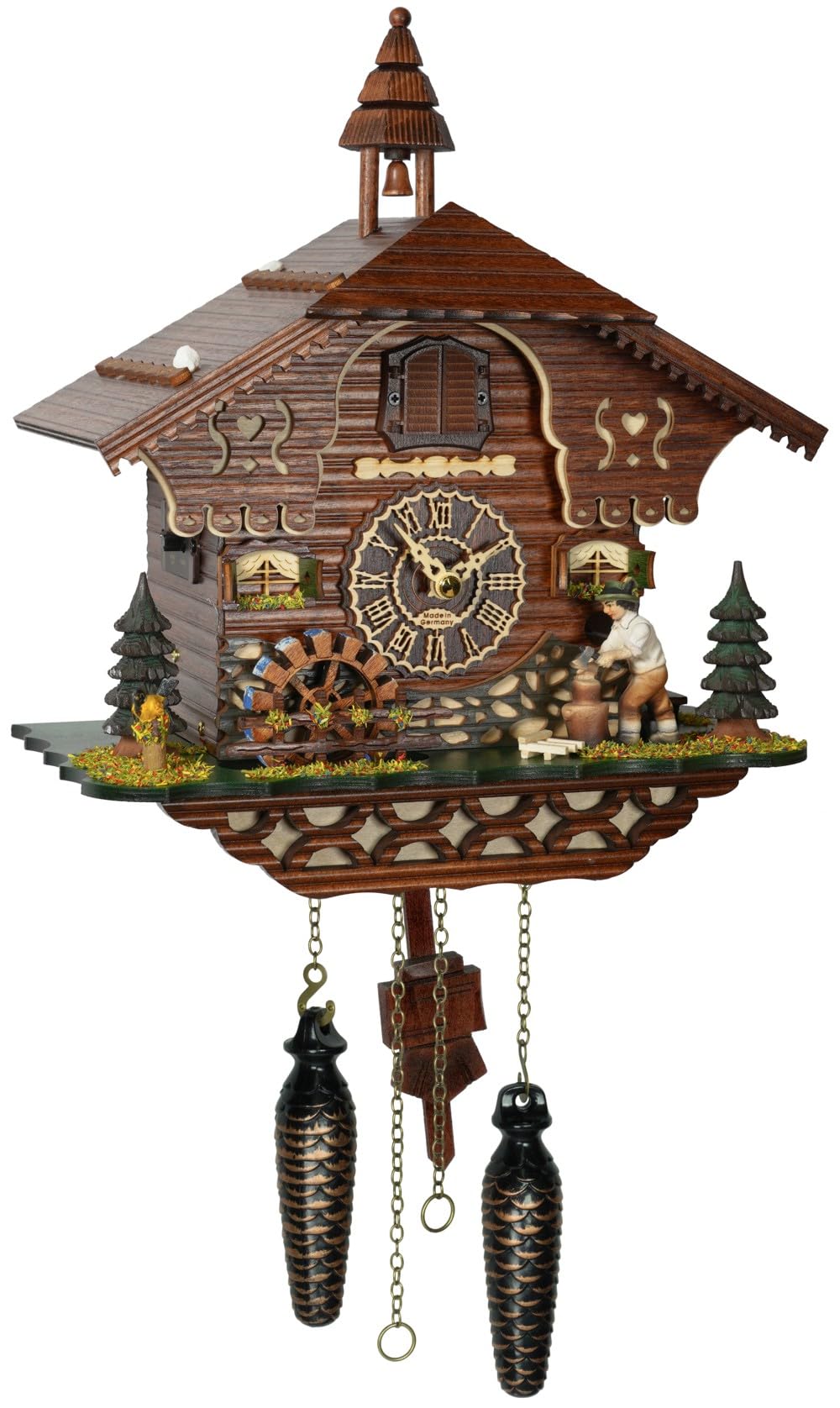 Trenkle Quartz Cuckoo Clock Black Forest House with Moving Wood Chopper and Mill Wheel, with Music TU 4217 QM Trenkle