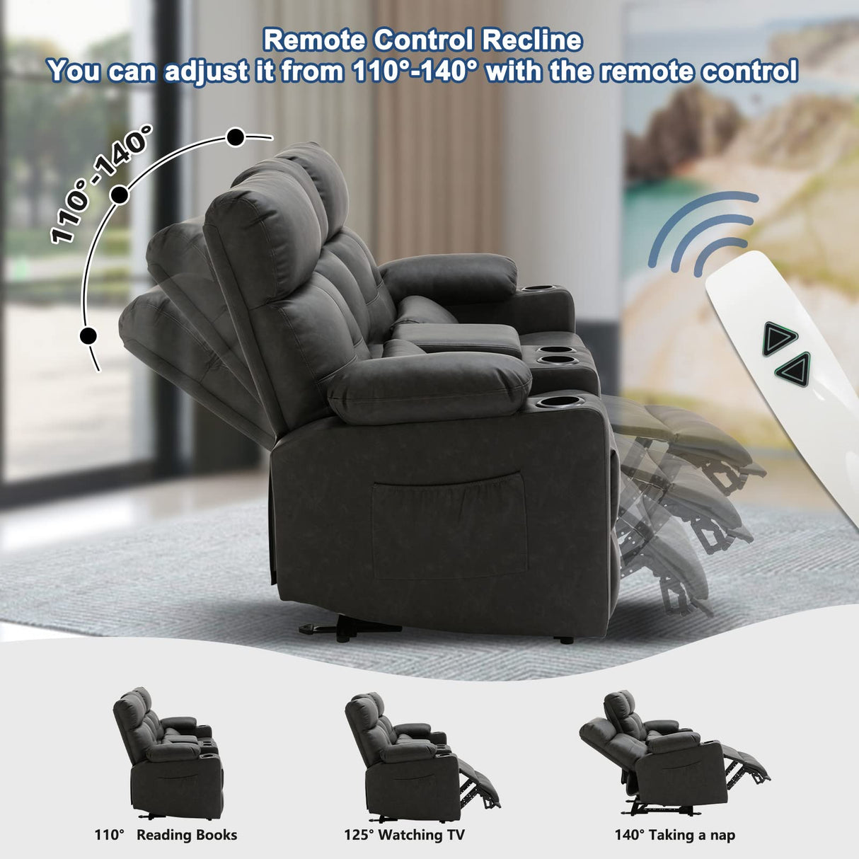 RIHEREFY 68'' RV Power Loveseat Sofa Recliner | Wall Hugger Loveseat | Double Reclining Sofa with Cup Holder | Recliner with Heat and Massage | Theater Seating(PU, Black-Gray) RIHEREFY