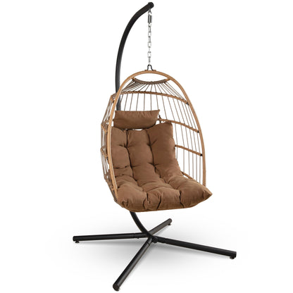 SereneLife Hanging Egg Chair with Stand - Up to 550 lbs of Capacity - Beautiful Swinging Basket Chair with Base Made from Wicker Rattan and Powder-Coated Steel Frame - Egg Swing Chair with Stand