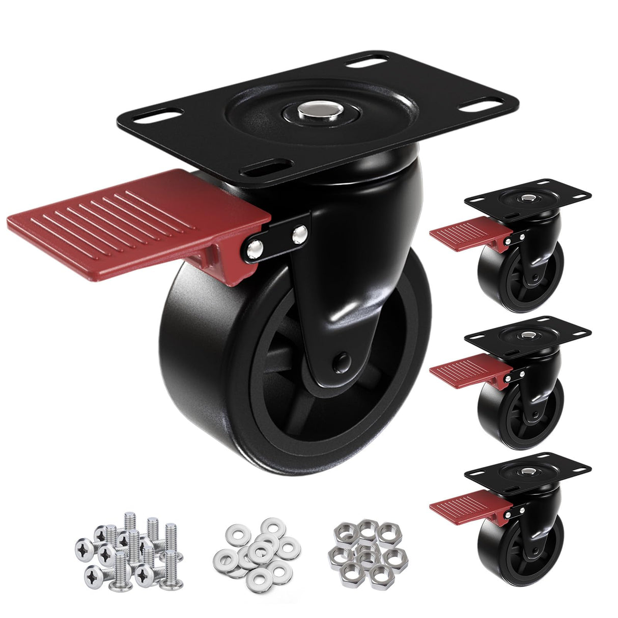 3” Furniture Casters Wheels Heavy Duty - Load 1200lbs，Plate Caster with Brakes，Glide Quietly and Protect Floor，360° Swivel Casters Set of 4 for Cart, Table and Workbench Apllamo