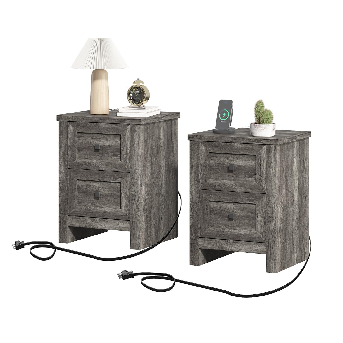 LUXOAK Nightstand Set of 2 with Charging Station, Farmhouse End Table with 2 Drawers Storage Cabinet, Rustic Wood Sofa Side Table for Bedroom, Living Room, Office, Grey - WoodArtSupply