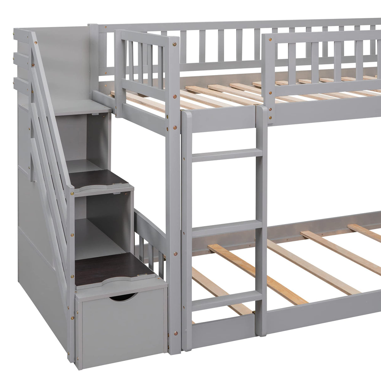 Ball & Cast Twin Over Twin Size Bunk Bed with Two Drawers and Slide,Wood Bunkbed w/Full-Length Guardrails & Storage Convertible Ladder,Space Saving,Slat Support,Bedframe for Child's BedroomGray Ball & Cast
