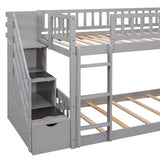 Ball & Cast Twin Over Twin Size Bunk Bed with Two Drawers and Slide,Wood Bunkbed w/Full-Length Guardrails & Storage Convertible Ladder,Space Saving,Slat Support,Bedframe for Child's BedroomGray Ball & Cast