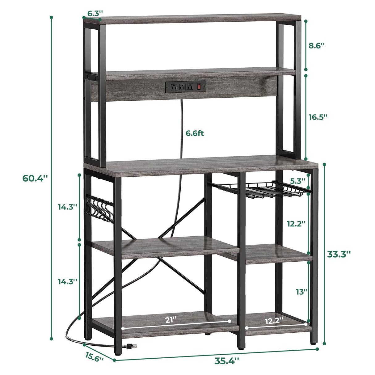 SUPERJARE Bakers Rack with Power Outlet, 35.4 Inches Coffee Bar with Wire Basket, Kitchen Microwave Stand with 6 S-Shaped Hooks, Open Storage Shelves, Charcoal Gray SUPERJARE