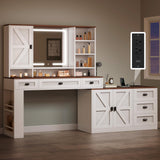 DWVO L Makeup Vanity Desk with Mirror and Lights, Farmhouse Big Lighted Vanity Table Set with 6 Drawers and Cabinet Shelves, 360° Rotation Large Dressing Table for Bedroom, White DWVO