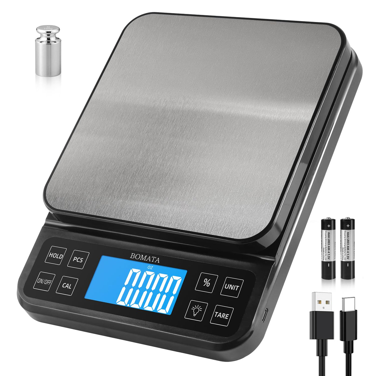 BOMATA Large Kitchen Scale with 0.1g/0.001oz High Precision, 5kg/11lb Bakery Scale with% Percentage Function, USB Rechargeable, Full-View Angle LCD with Backlight, Stainless Steel Pan BOMATA