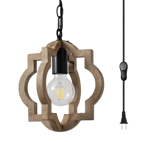 1-Light Farmhouse Plug in Pendant Light,Wood Hanging Light with 16.4FT Cord with Dimmable and Timer Switch,Wood Color,for Kitchen Dinning Room Bathroom vivihobb