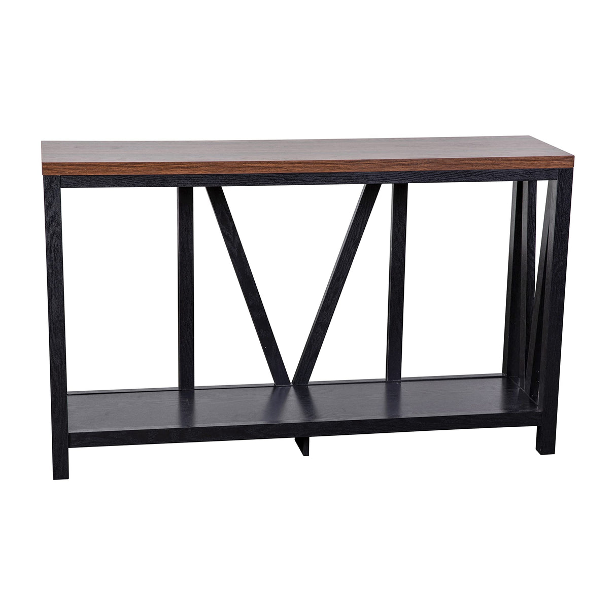 BizChair Farmhouse 2-Tier Console Table - Black Finish Engineered Wood Frame - Walnut Finish Tabletop - for Entryway or Living Room BizChair