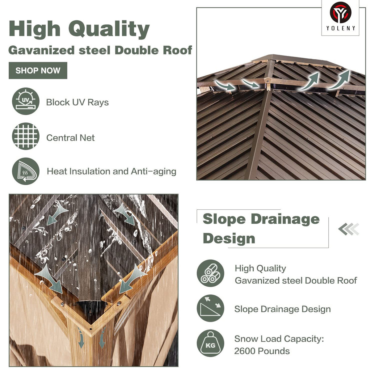 YOLENY 12' x 16' Gazebo, Hardtop Wood-Looking Gazebo with Galvanized Steel Double Roof, Aluminum Frame with Netting and Curtains for Deck, Backyard, Patio, Lawns YOLENY