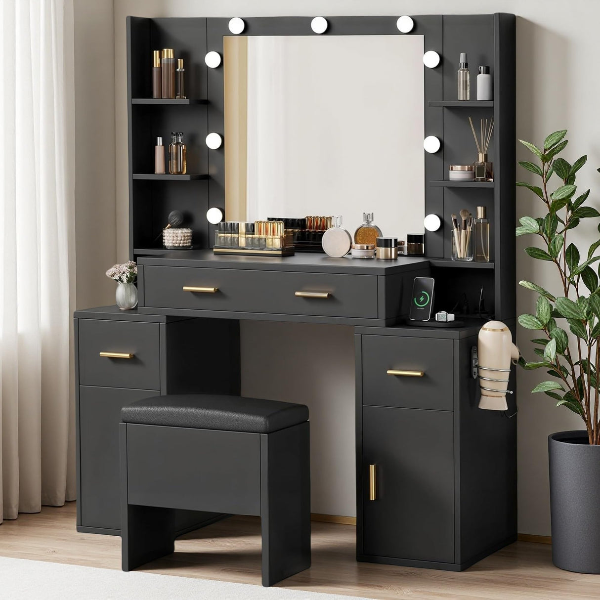DWVO Makeup Vanity Desk with Hollywood-Style Mirror, Adjustable LED Lighting, Vanity Table Set with Stool and Power Outlet, Storage Drawers, Shelves and Cabinet, Dressing Room, Carbon Black DWVO