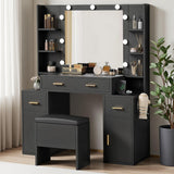 DWVO Makeup Vanity Desk with Hollywood-Style Mirror, Adjustable LED Lighting, Vanity Table Set with Stool and Power Outlet, Storage Drawers, Shelves and Cabinet, Dressing Room, Carbon Black DWVO