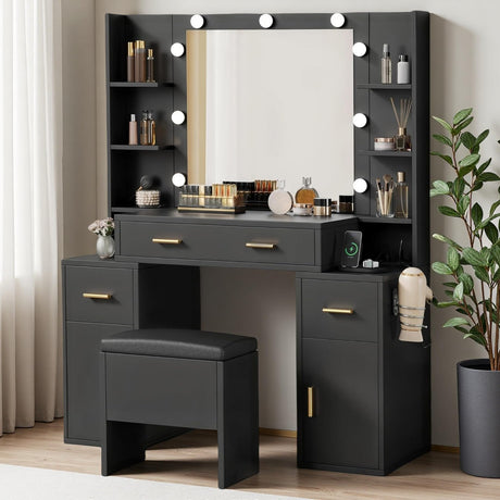 DWVO Makeup Vanity Desk with Hollywood-Style Mirror, Adjustable LED Lighting, Vanity Table Set with Stool and Power Outlet, Storage Drawers, Shelves and Cabinet, Dressing Room, Carbon Black DWVO