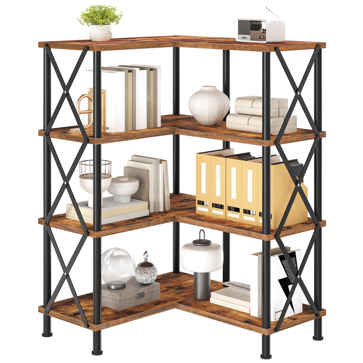 HOOBRO Corner Bookshelf, 4-Tier L-Shaped Bookcase, Industrial Open Display Shelf Tall Storage Organizer, Vertical Storage Rack, for Living Room, Home Office, Rustic Brown and Black BF59SJ01 HOOBRO