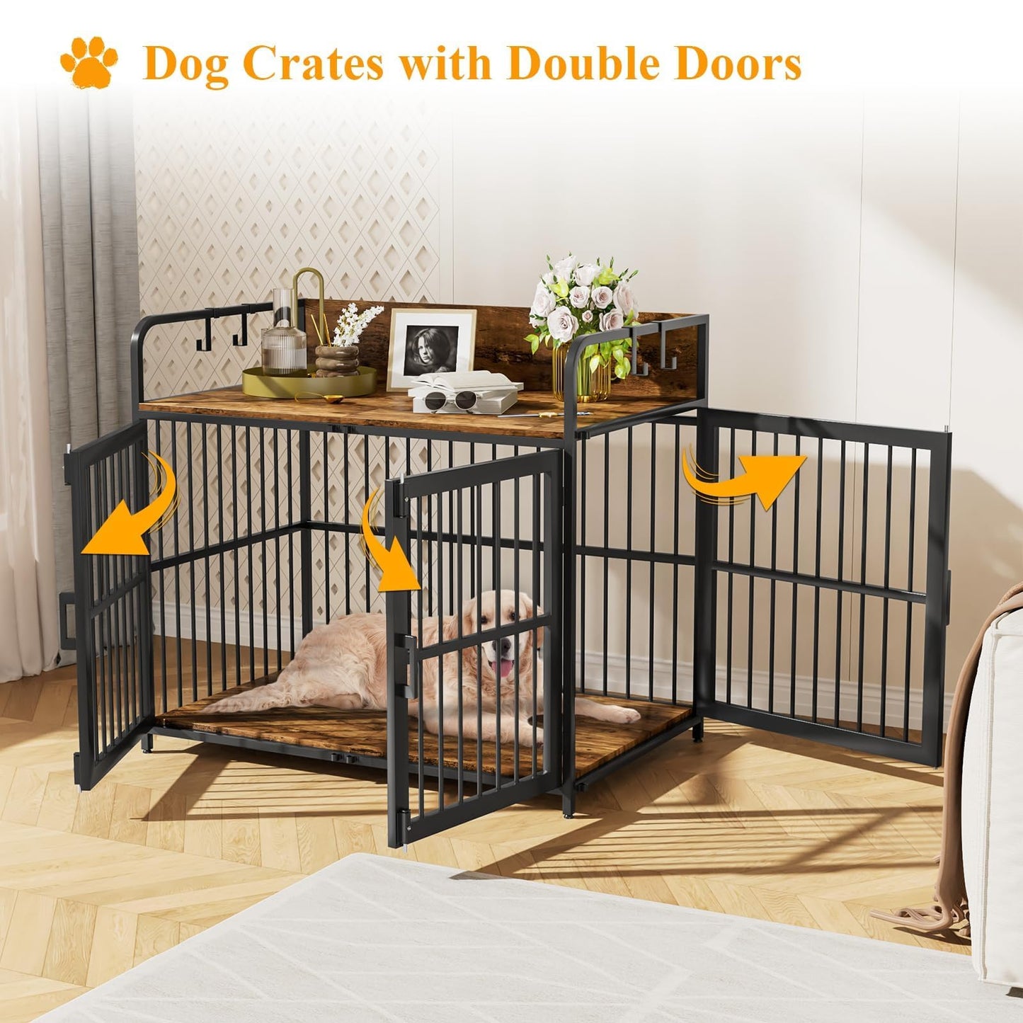 Amopatio 43 Inch Dog Crates Furniture for Large Dogs, Heavy Duty Dog Kennel, Wood Dog Crate Table for Indoor Use, (43.3" W×27.6" D×28.3" H) Brown - WoodArtSupply