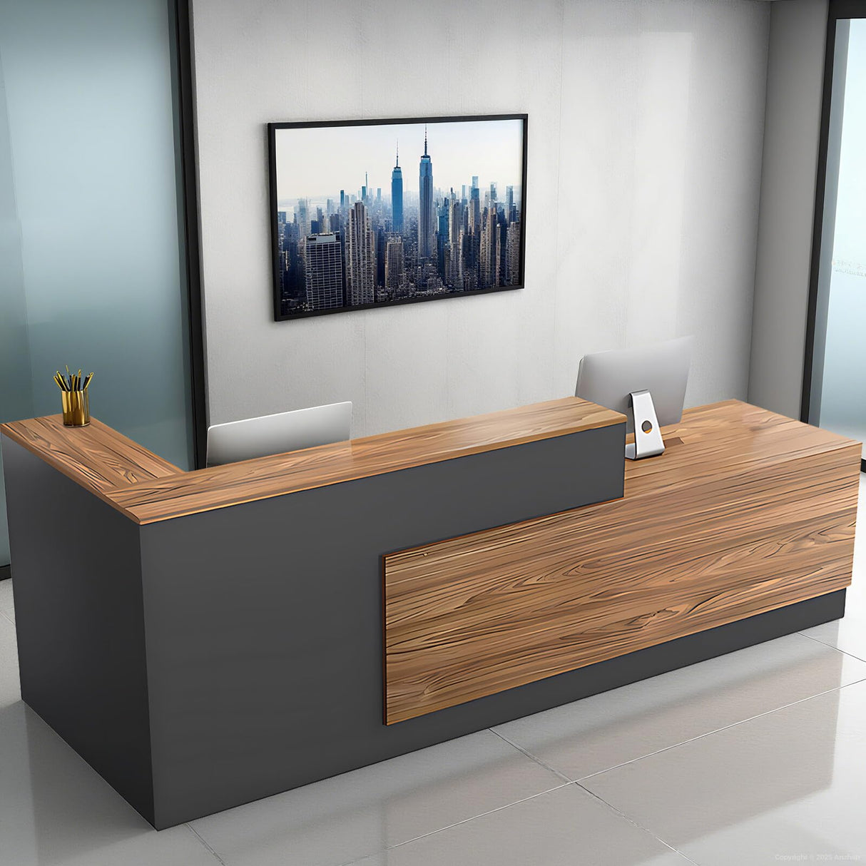 Anzhap Modern L-Shaped Reception Desk with Storage， Front Desk Reception Counter with Drawer, Storage Cabinets for Office, Lobby, Salon (European Oak+lron Gray - Left Cabinet, 102" L * 24" W * 41" H) Anzhap