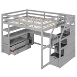 BIADNBZ Grey Full Size Loft Bed with Desk, Storage Shelves, and Drawers for Kids and Teens BIADNBZ