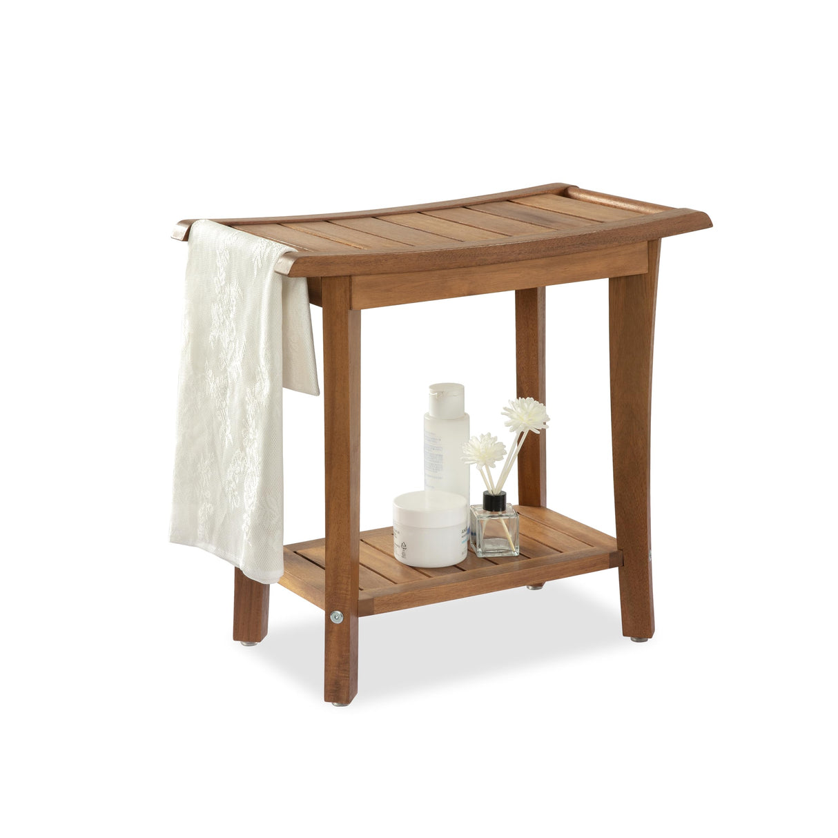 VICTORY RELAX Shower Stool Wood, 2-Tier Wooden Shower Bench for Inside Bathroom Sitting, Heavy Duty Chair with Storage Shelf, Acacia Wood Waterproof - Natural VICTORY RELAX