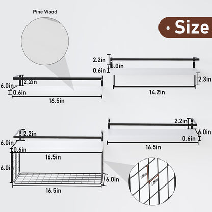 White Wood Floating Shelves Wall Mounted - 3+1 Tier Rustic Bathroom Wall Shelves Over Toilet with Wire Storage Basket and Towel Bar, set of 4 Farmhouse Floating Shelf for Bathroom, Kitchen, Bedroom.