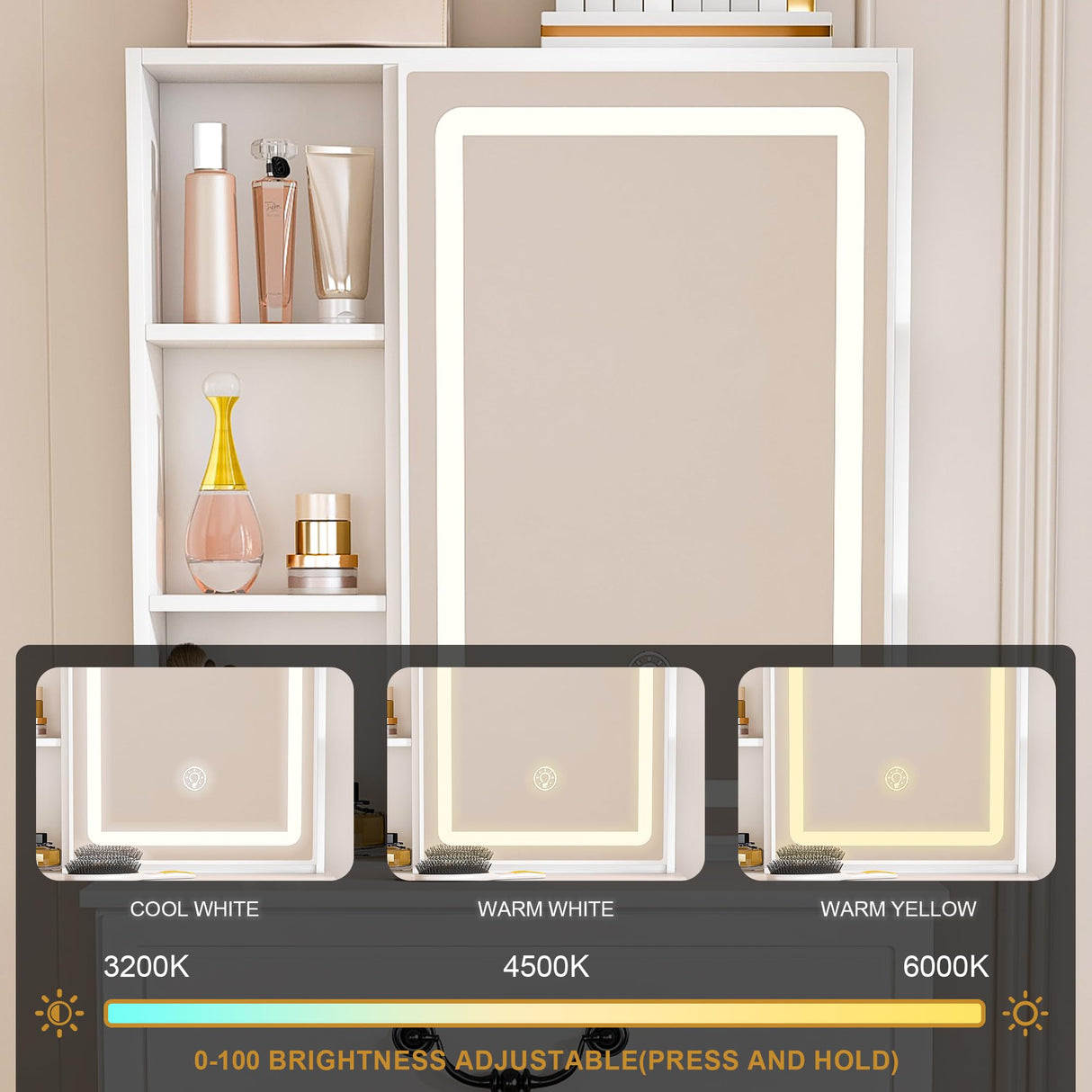 Montary Modern Mini Vanity Table with LED-lit Mirror & Hidden Storage & Padded Stool, 23.6" D Adjustable Brightness Vanity Desk Simple Design, Space-Saving Dressing Table for Small Bedrooms, White Montary