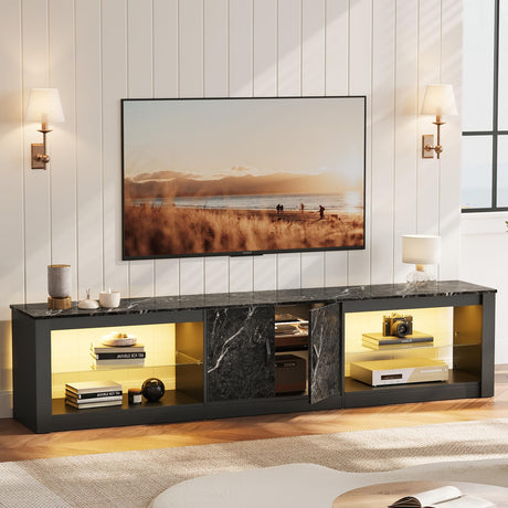 Bestier 80 Inch TV Stand for 75/85/86 inch TVs, LED Gaming Entertainment Center for PS5 with Storage Cabinet &Adjustable Glass Shelves, Modern TV Console Table for Living Room Bedroom, Black Marble Bestier