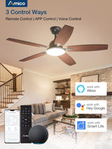Amico Ceiling Fans with Lights, 52 inch Smart Ceiling Fan with Remote/APP/Alexa Control, Reversible DC Motor, 5 Blades, 6 Speeds, 3CCT, Dimmable, Noiseless, Wifi Ceiling Fan for Farmhouse, Bedroom Amico